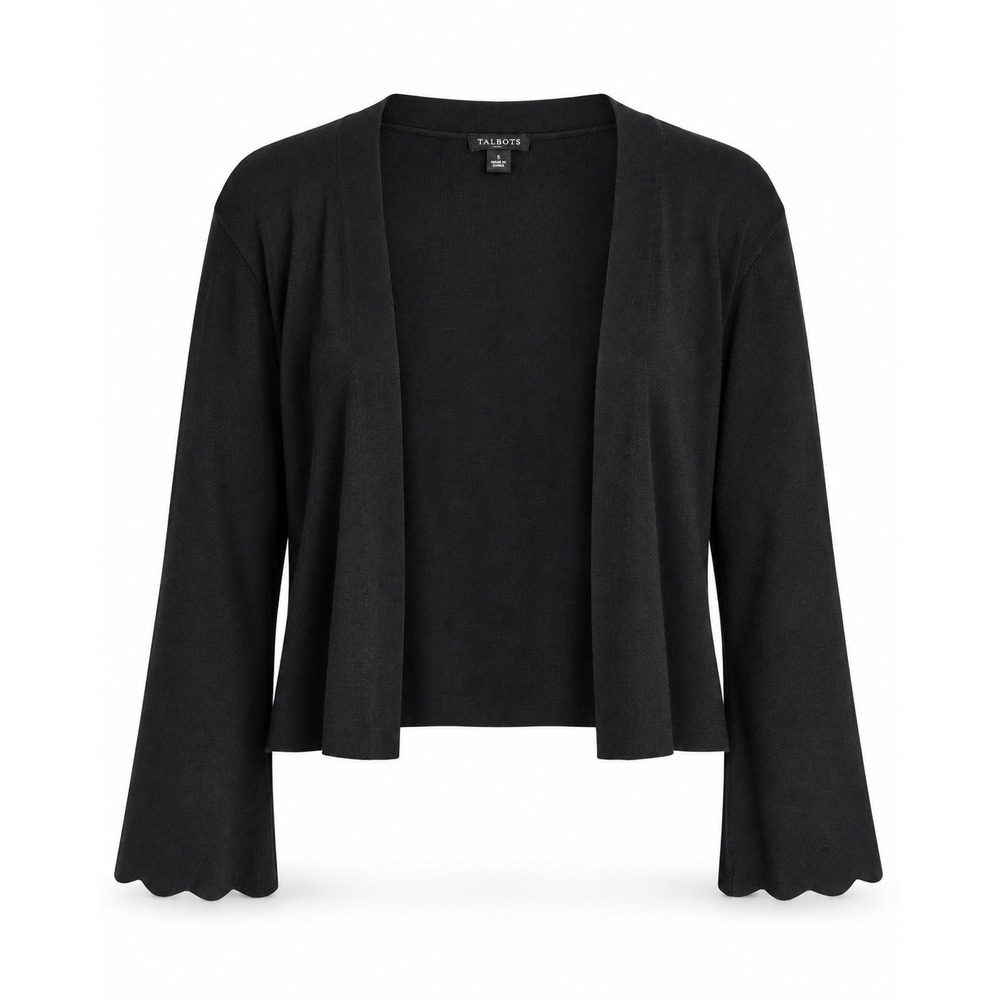 Talbots Plus Cardigan 3X Black Cotton Modal Scallop Hem Open Front Sweater